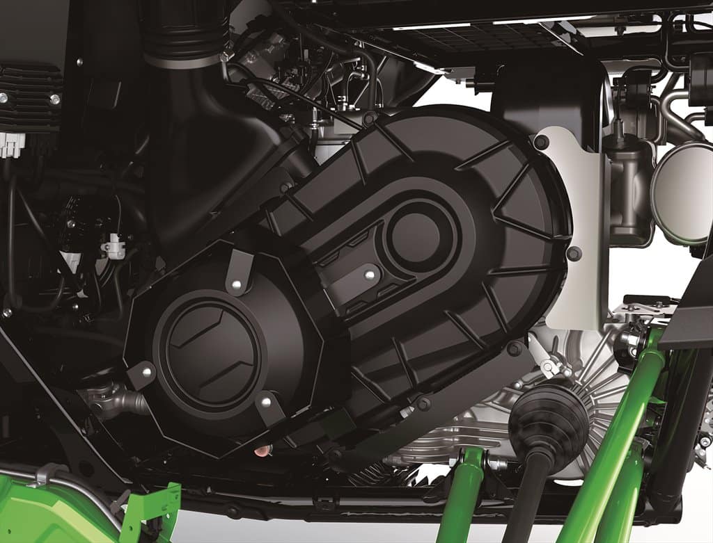 The reinforced CVT uses a heavier-duty belt and roughly double the cooling airflow of the KRX 1000.